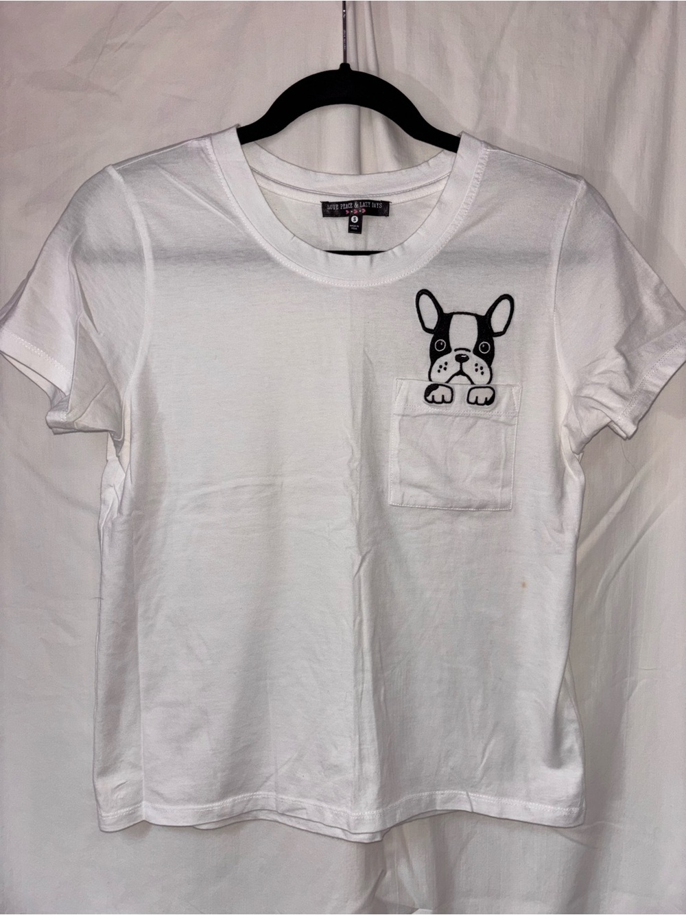 Love Peace and Lazy Days - White Pocket T-Shirt with Black French Bulldog